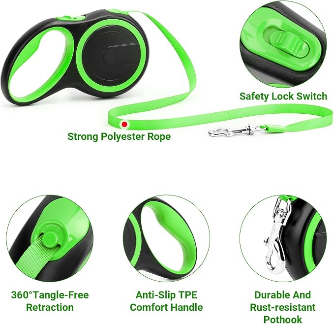 Segarty 16 Ft Extendable Dog Leash, 5m Heavy Duty Walking Dog Leash for Medium Small Dogs up to 44lb, Anti-Slip Handle 360°Tangle-Free Nylon Tape, One-Handed Button Lock & Release (Green)