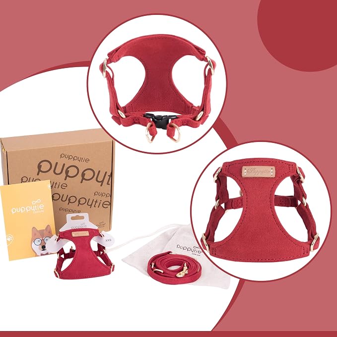 Puppytie XXS Puppy Harness with Multifunction Dog Leash,Soft Adjustable No Choke Escape Proof Pet Harness Vest,red Hawthorn,XXS