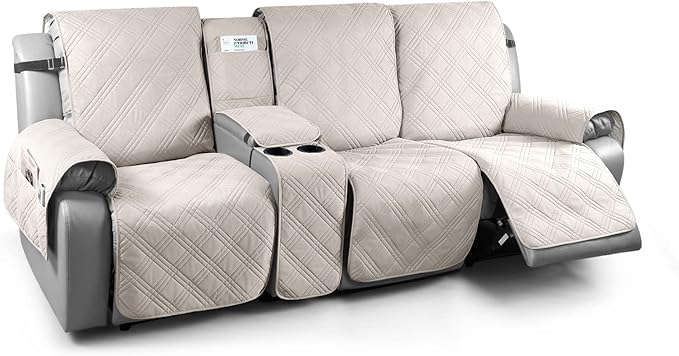 TAOCOCO 100% Waterproof Recliner Couch Covers with Console, Sofa Covers for Reclining Sofa 3 Seat with Straps Design, Split Recliner Sofa Cover Furniture Pets Kids Protector (3 Seater, Cream)