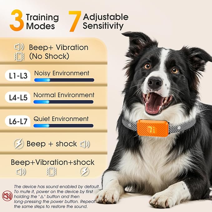 Dog Bark Collar for Large Medium Small Dogs, Effective No-Bark Collar, Smart Barking Collar, Rechargeable Bark Collar with 7 Sensitivity, 3 Modes, Waterproof, Neon Orange