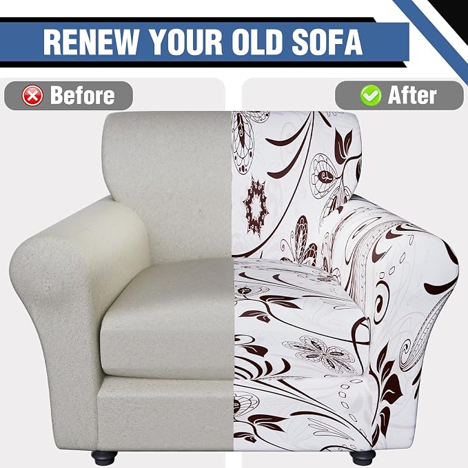 Stretch Couch Covers, Floral Printed Sofa Covers,2 Piece Armchair Slipcover with Separate Sect Cover,Washable Sofa Slipcover, Pet Friendly Furniture Protector Fit for Home (Armchair,White Texture)