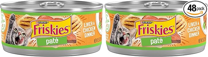 Friskies Purina Wet Cat Food Pate, Liver and Chicken Dinner - 5.5 oz. Cans (Pack of 48)