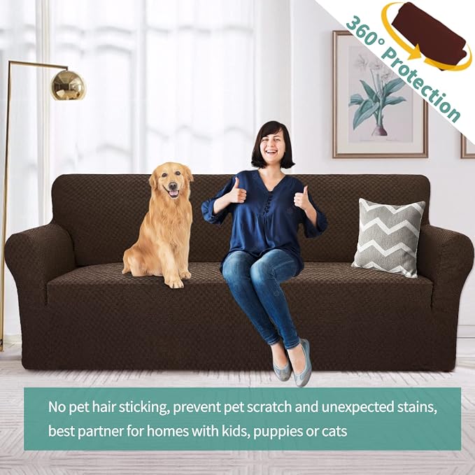 YEMYHOM Couch Cover Latest Jacquard Design High Stretch Sofa Covers for 3 Cushion Couch, Pet Dog Cat Proof Slipcover Non Slip Magic Elastic Furniture Protector (Large, Dark Coffee)