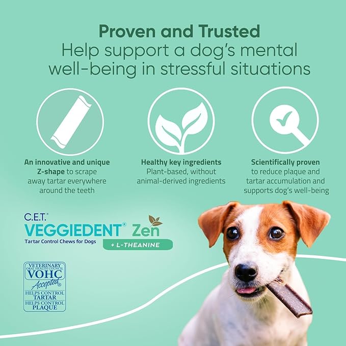 Virbac C.E.T.® VEGGIEDENT® Zen Tartar Control Chews for Dogs - Multifunctional to Support Mental Well-Being, VOHC Approved - Large Dogs Over 66lbs