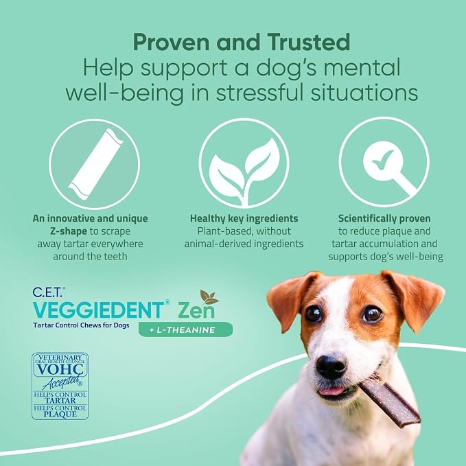 Virbac C.E.T.® VEGGIEDENT® Zen Tartar Control Chews for Dogs - Multifunctional to Support Mental Well-Being, VOHC Approved - Small 11-22lbs