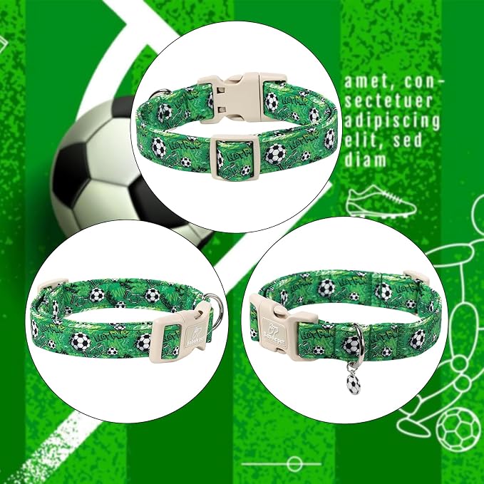 Soccer Dog Collar, Cute Boy Dog Collars for Medium Dogs - Green Sports Themed Cotton Male Dogs Collar, Soft Adjustable Daily Pet Collars with Quick Release Buckle M