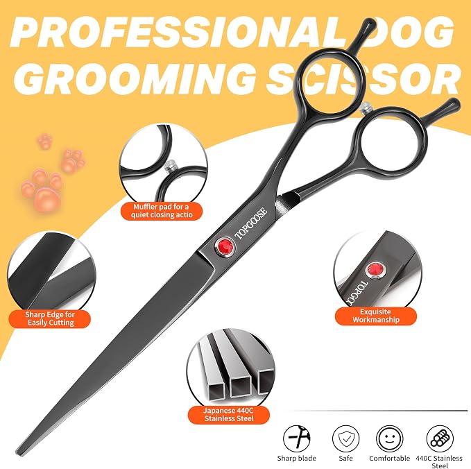 Dog Grooming Scissors Kit, Professional 6 in 1 Pet Scissors Sharp Shears Set - Straight, Thinning, Chunker, Curved Shears and Comb for Long Short Hair for Dog Cat (Set, Black)