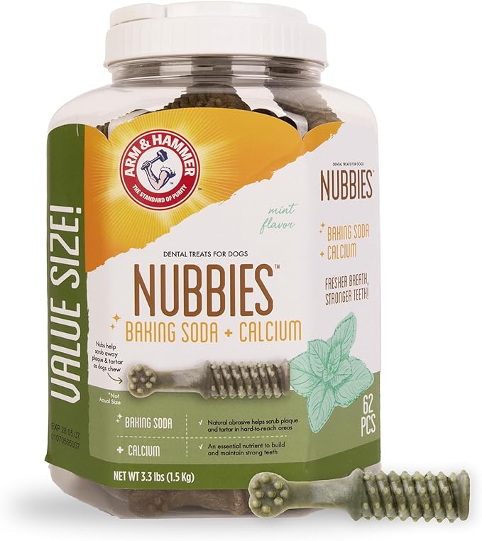 Arm & Hammer for Pets Nubbies Dental Treats Value Size Baking Soda Calcium Helps Scrub Plaque Tartar Mint Flavor Daily Oral Care 62 Count 52.8 OZ Value Bucket Dogs and Puppies Daily Bucket