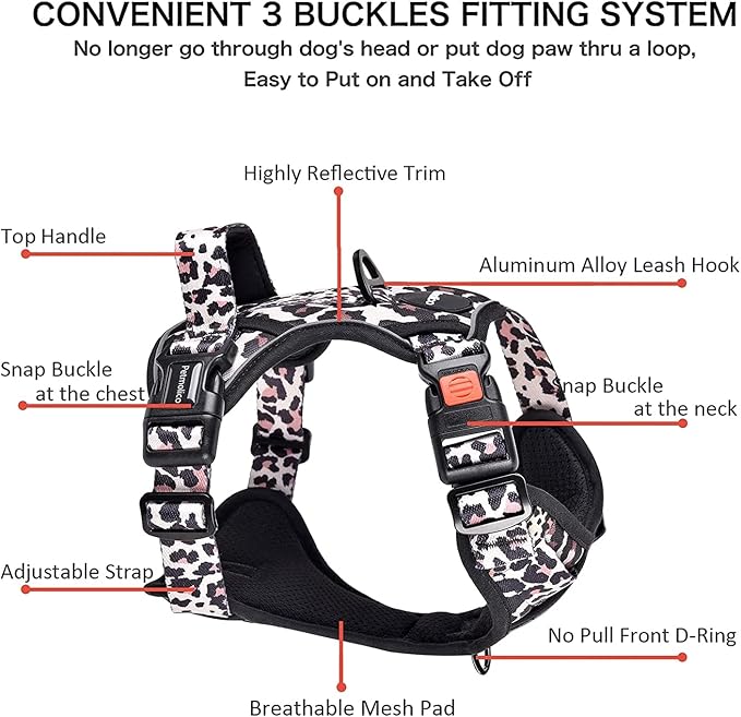 Petmolico No Pull Dog Harness Set with Leash Attachment Easy Control Handle Reflective Harness Vest Small Breed, Puppy Vest and Leash Set with Poop Bag Holder, Medium - Leopard