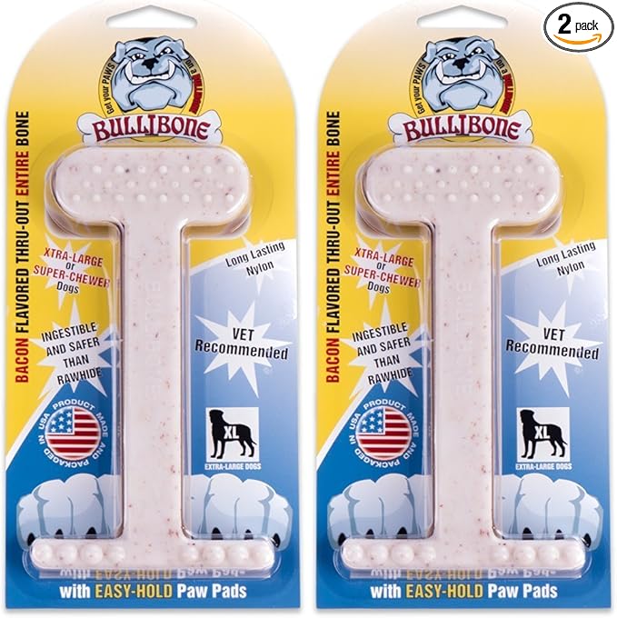 Bullibone Nylon Dog Chew Toy for Aggressive Chewers - Dental Hygiene Bone with Bacon Flavor, Durable Tough Chew Toys for Extra Large Dogs, Indestructible Dog Bone - 2 Pack