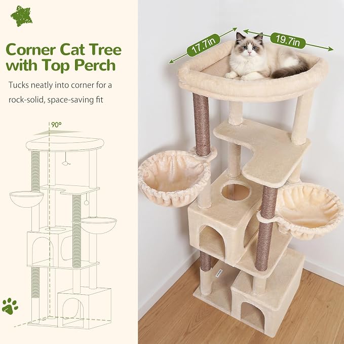 Globlazer 64in Corner Cat Tree for Large Indoor Cats, Space Saving Multi-Level Cat Tower with 2 Condos, 2 Hammocks, 4 Sisal Scratching Posts, C64, Beige