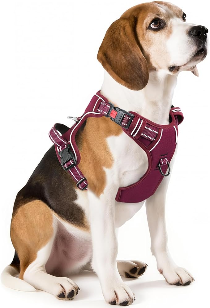 Timos Dog Harness Medium Sized, No Pull Pet Harness with Neck Lockable Snap, No Choke Front Clip Reflective Vest, Adjustable Metal Rings 3 Buckles, Easy Control Handle for Medium Dogs Burgundy M