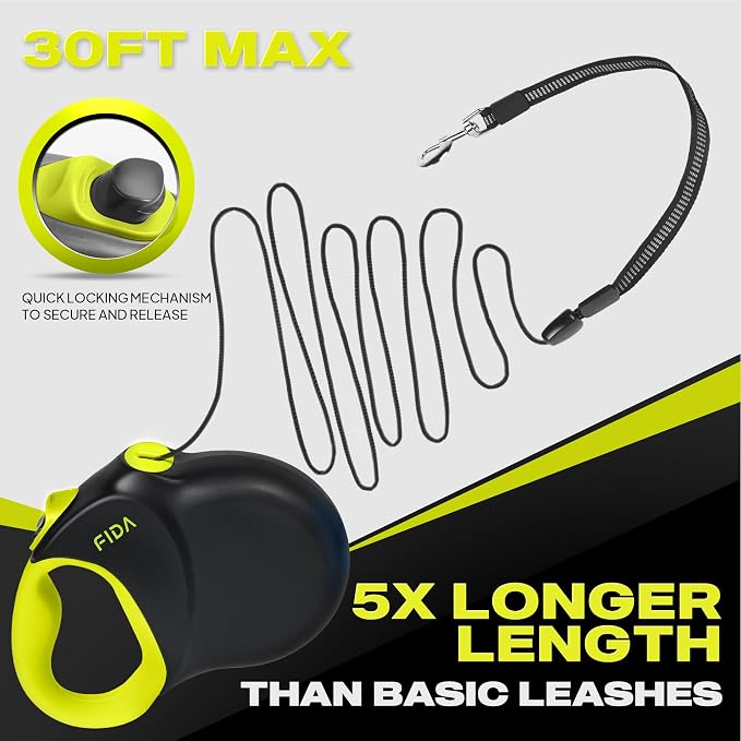 Fida 30ft Upgraded Retractable Dog Leash, Heavy Duty Pet Walking Leash for Medium/Large Breed up to 110 lbs, 360° Tangle-Free Long Retract Dog Lead, Soft Grip, One-Hand Brake, Neon Yellow
