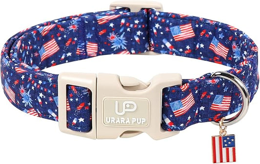 American Flag Dog Collar, 4th of July Cotton Patriotic Pet Collar, Adjustable Durable Quick Release Buckle with Charm for Small Medium Large Dogs