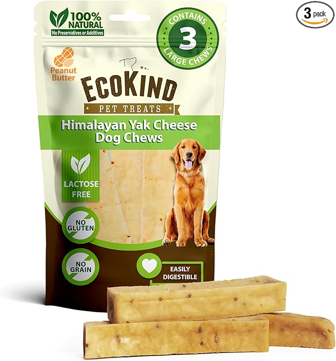 EcoKind Yak Cheese Himalayan Dog Chews, Yak Chews for Large Dogs, Long Lasting Bone for Aggressive Chewers, 4 Ingredients, Natural High Protein Dog Treats, No Additives, Peanut Butter, Large - 3 Chews