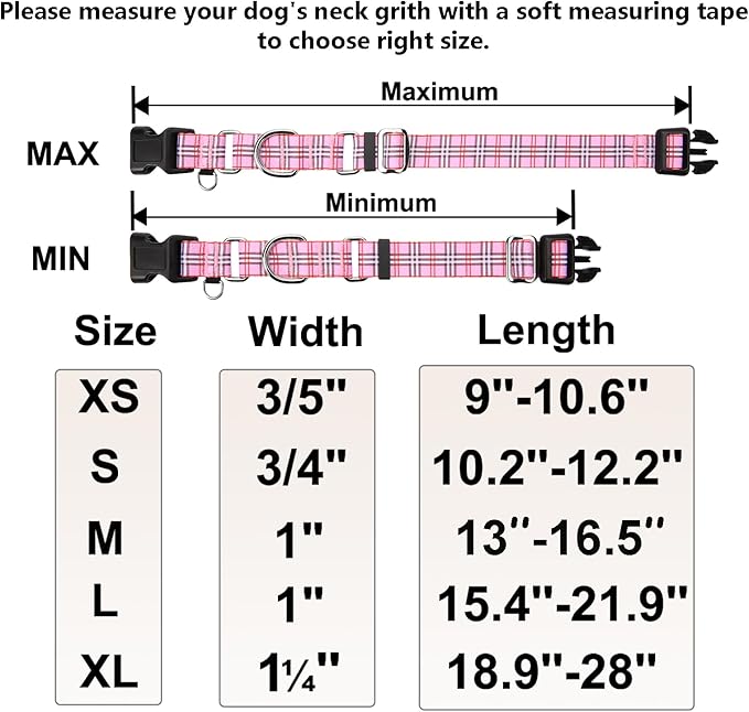 Martingale Collar with Quick Release Buckle Cute Girl Female Training Dog Collars (Pink Plaid, Small)