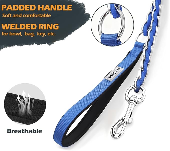 Chain Dog Leash Chew Proof Metal Leash for Medium Large Dogs, Chain Link Dog Anti Chew 5.2FT / 4FT Strong Anti Bite Comfortable Soft Padded Handle (Blue, 4FT(30-80lb)