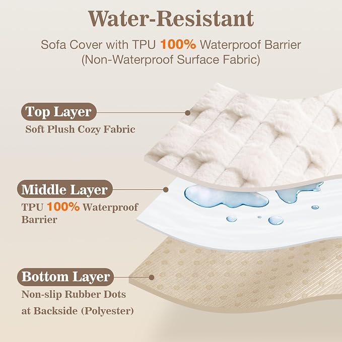 MYSKY HOME 100% Waterproof Couch Cover for Dogs, Plush Pet Couch Covers for Sofa Washable, Couch Covers for 2 Cushion Sofa Pet Friendly, Non-Slip Durable Sofa Cover Slipcover Protector, Cream, 35"x63"