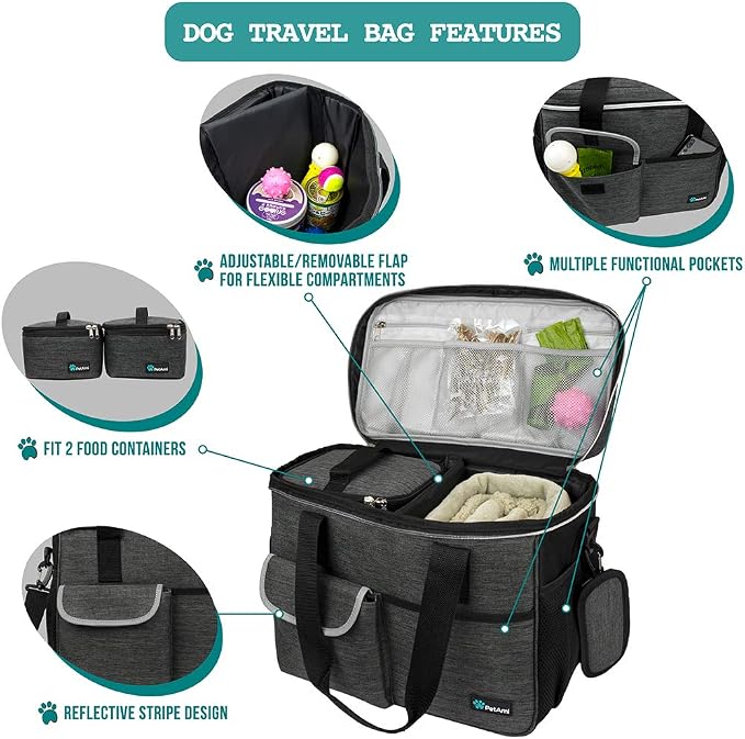 PetAmi Dog Travel Bag Organizer, Pet Travel Kit with 2 Food Containers & 2 Collapsible Dog Bowls, Pet Supplies Tote with Luggage Sleeve, Weekend Road Trip Camping Essentials, Dark Gray, Medium