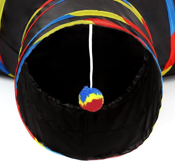 Tempcore Cat Tunnel for Indoor Cats, 3 Way Collapsible Pet Play Tunnel with Teaser Wand, Peek Holes & Hanging Ball, Interactive Tube for Kittens & Rabbits, Black & Rainbow