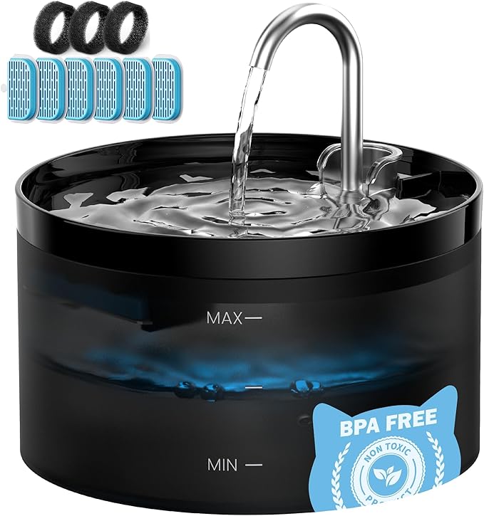 Cat Water Fountain Pet Fountain: 67oz/2L Cat Water Dispenser - Black Pet Dispenser - Faucet Dog Bowl - with 6 Filters + 3 Sponges - GIOTOHUN