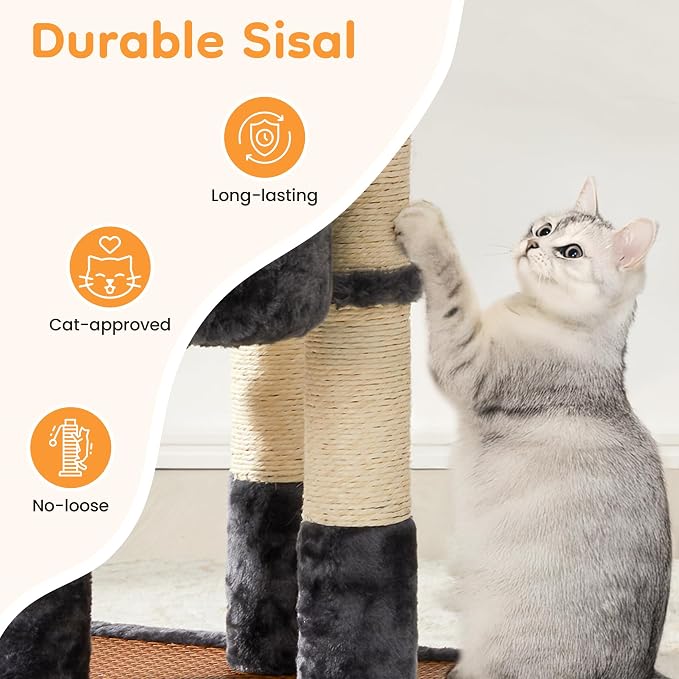 Multi-Level Cat Tower with Scratching Posts, Cat Tree with Double Cat Bed & Hanging Toys, Cute Climbing Tower with Sisal Scratcher for Kittens & Adult Cats, Grey