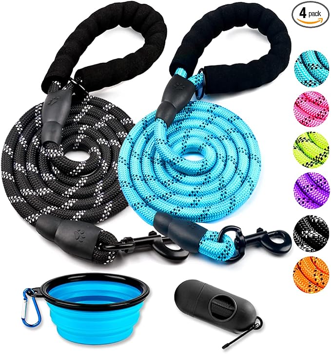 COOYOO 2 Pack Dog Leash 6 FT Heavy Duty - Comfortable Padded Handle - Reflective Dog Leash for Medium Large Dogs with Collapsible Pet Bowl Set 2-Black+Blue