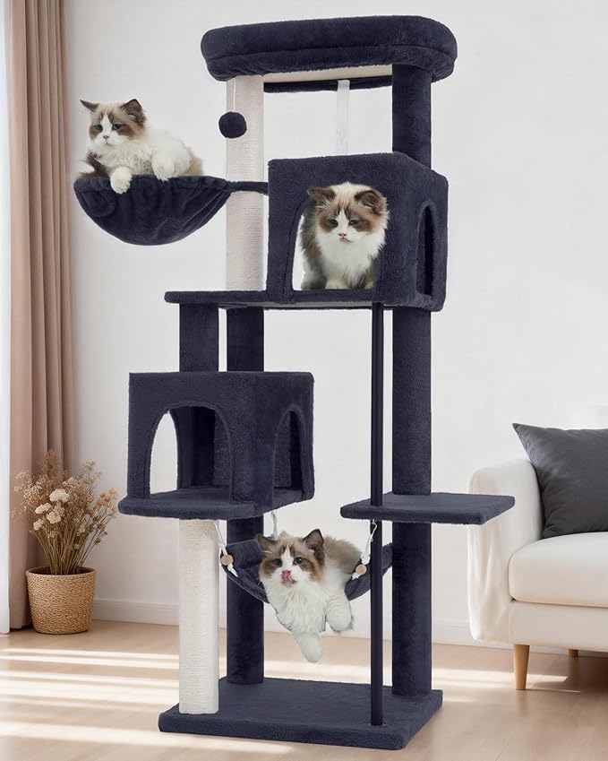 Gitelsnour 51.2'' Cat Tree Tower, Cat Tower with Scratching Post, Sturdy Steel Pube Cat Tree for Inoor Cats Large Adult, Cat Hammock and Basket, Padding Top Platform, Smoky Gray GCT014G