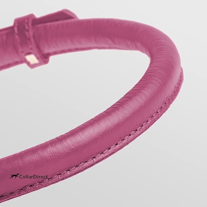 CollarDirect Rolled Leather Dog Collar, Soft Padded Round Puppy Collar, Handmade Genuine Leather Collar Dog Small Large Cat Collars 13 Colors (11-14 Inch, Pink Textured)