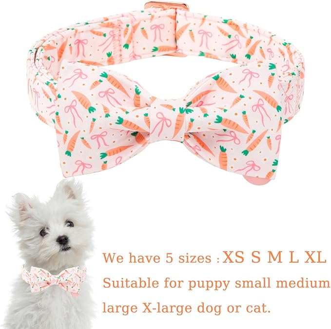Easter Dog Collar with Bow Tie, Cotton Bunny Bowtie for Large Girl Boy Dog, Cute Rabbit Pet Collar with Metal Buckle, Gift, XS