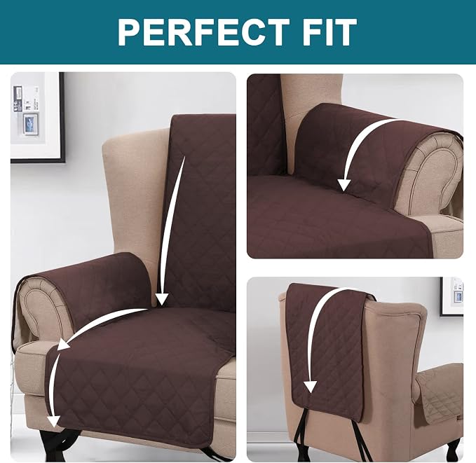 Turquoize 100% Waterproof Wing Chair Cover Wing Armchair Slipcovers Chair Couch Protector Triple Non-Slip Sofa Slipcover for Wing Chair Furniture Protector for Pets, Kids,Dog (Wing Chair, Brown)