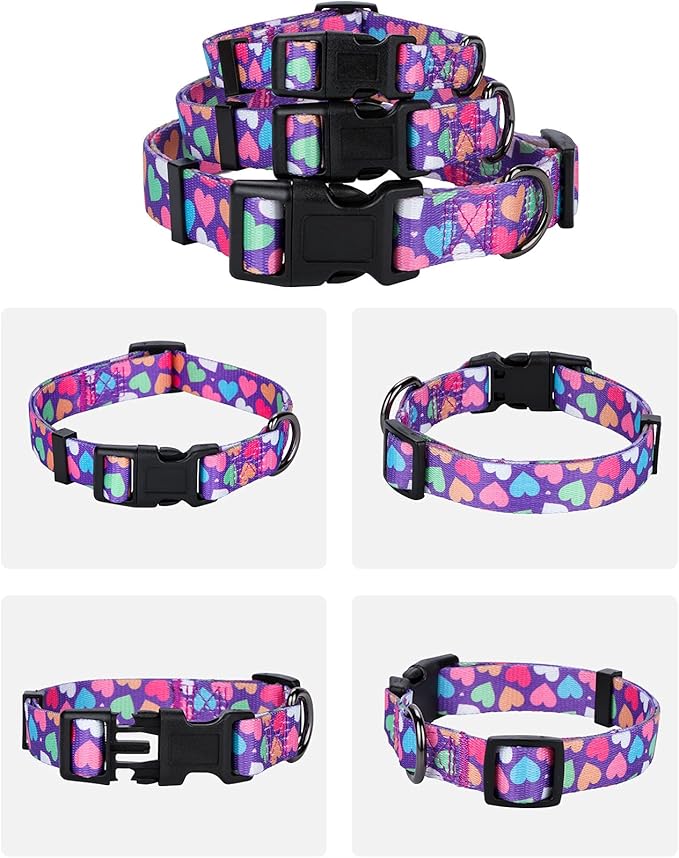 Girl Dog Collars Spring Cute Heart Pattern Lovely Print Purple for Medium Dogs