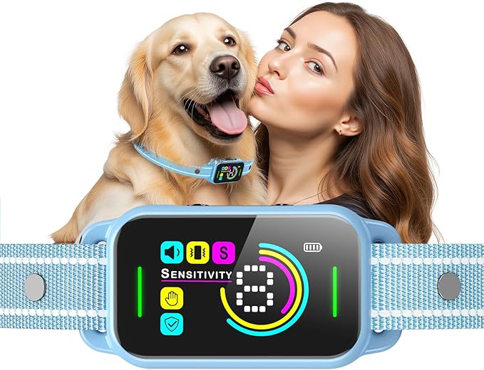 DINJOO Bark Collar for Large Medium Small Dogs - Smart AI 1S Stop Barking, Anti Barking Device & Dog Training Collar with Beep, Vibration & 8-Level Sensitivity, IP67 Waterproof - Paste Blue