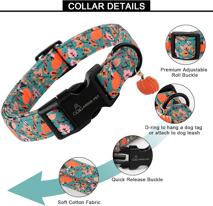 ARING PET Fall Dog Collars, Cute Autumn Pumpkin Maple Leaves Pet Collar with Quick Release Buckle for Small Medium Large Girl Boy Dogs-S Deep Color