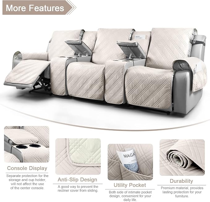 TAOCOCO 100% Waterproof Recliner Couch Covers with Console, Sofa Covers for Reclining Sofa 3 Seat with Straps Design, Split Recliner Sofa Cover Furniture Pets Kids Protector (3 Seater, Cream)