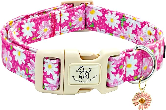 Elegant little tail Dog Collar, Pink Floral Print Pink Puppy Male Adjustable Cotton Pet Collar with Quick Release Buckle for Small Medium Large Dogs