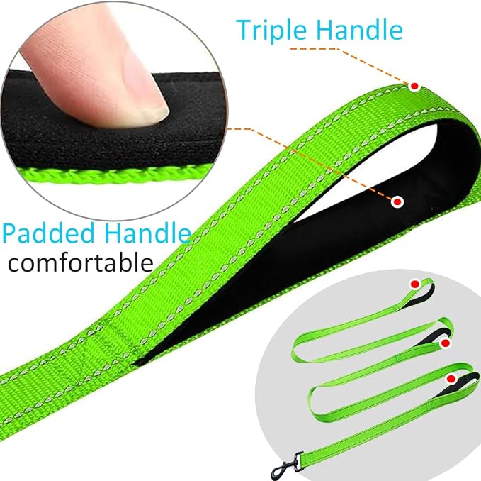 3 Handle Dog Leash, 10FT Triple Handle Reflective Stitching with Padded Traffic Handles, Heavy Duty Training Pet Lead for Control and Safety (Green)