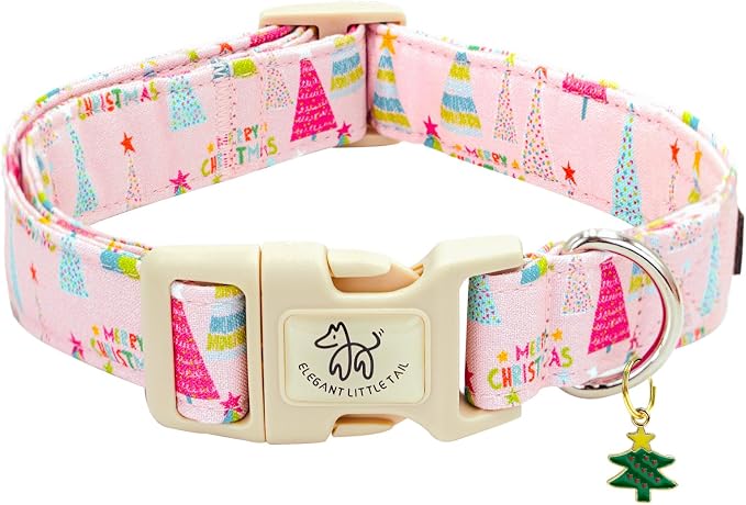 Elegant little tail Christmas Dog Collar - Christmas Tree Pink Pet Collar Cotton Soft Plastic Buckle Sturdy Puppy Collars Holiday Female or Male Adjustable Collar for Small Puppy
