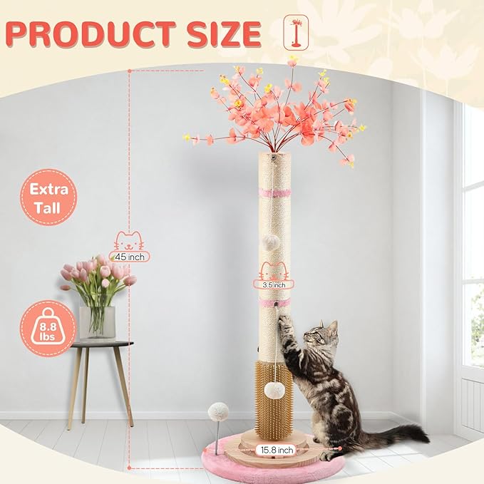 45'' Tall Cat Scratching Post Tree,Heavy Duty for Indoor Large 3.5Inch Diameter Natural Sisal Rope Post,Stable Real Wood Base,Artificial Plant Design Scratcher with Interactive Ball Toy for Home Decor