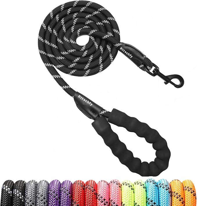 Rttochfy Rope Dog Leash 2/4/5/6/8/10 FT with Comfortable Padded Handle and Highly Reflective Threads for Small Medium and Large Dogs Heavy Duty (1/2"-8 FT, Black)