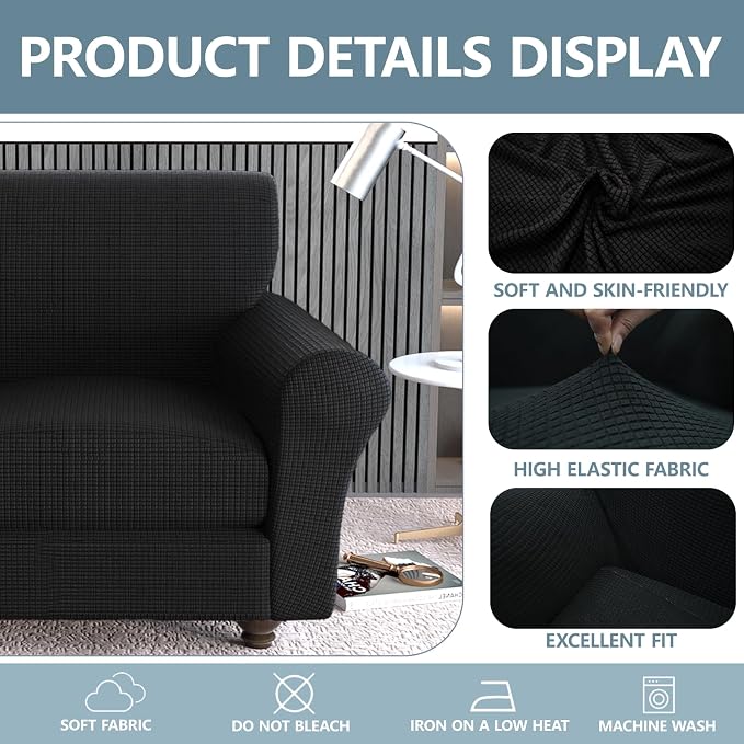 Stretch Couch Covers for 3 Separate Cushion Couch Sofa -Living Room Couch Sofa Cover,Washable Sofa Slipcover,Pet Friendly Furniture Protector with Elastic Bottom,Universal Fit for Home(Black,Sofa)