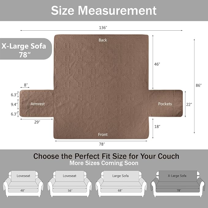 Soft Quilted Couch Cover with Pockets for Extra-Large Sofa, Anti-Slip Sofa Covers Washable for 3 Cushion Pet Friendly, Oversized Sofa Cover Water-Repellent (X-Large Sofa 78", Raw Umber)
