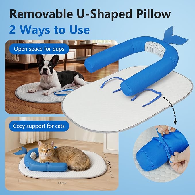 Cat Cooling Mat with Soft U-Shaped Pillow– Breathable Calming Cooling Pad for Cats– Portable Washable Summer Cooling Cat Bed for Indoor Or Travel Use,Blue Shark-2