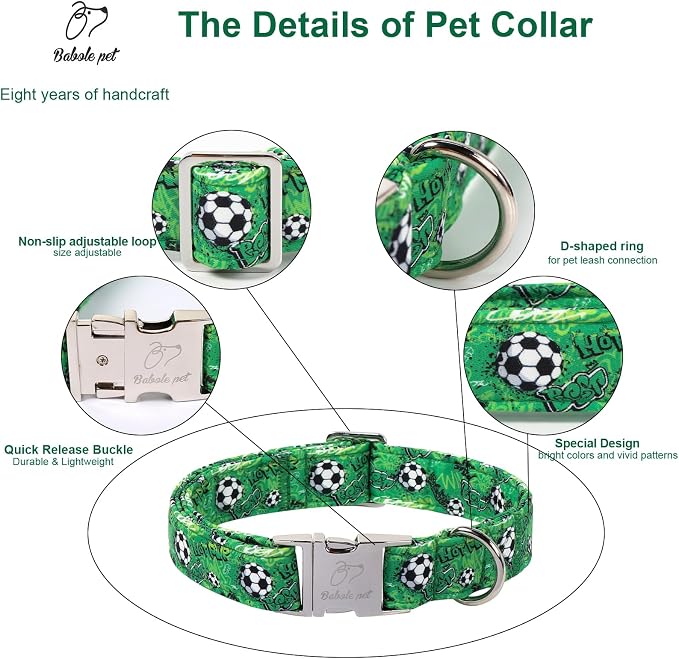 Cute Dog Collar, Green Soccer Boy Dog Collars - Soft Adjustable Everyday Collars for Small Medium Large Dogs, Durable Metal Buckle Male Dogs Collar L
