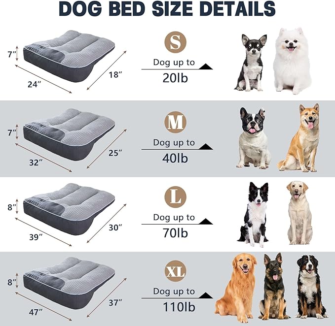 Orthopedic XL Dog Bed for Large Dogs Up to 110lbs, Soft Fluffy Thick Rectangular Sofa with Pillow, Non-Slip Bottom, Grey 47"x37"x8" - Joint Support for Senior & Arthritic Dogs