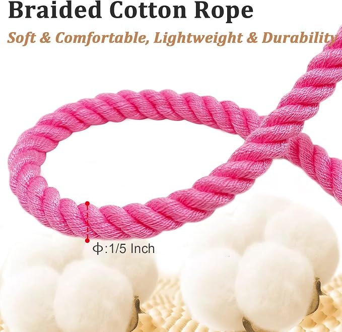 5FT Puppy Leash for Small Dogs, 1/5" Cotton Braided Rope Leash, Lightweight & Soft Pink Dog Leads for Tiny Breeds/Cats Daily Walks Training