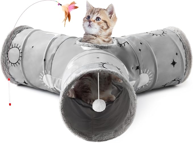 Tempcore Cat Tunnel for Indoor Cats, 3 Way Collapsible Pet Play Tunnel with Teaser Wand, Peek Holes & Hanging Ball, Interactive Tube for Kittens & Rabbits, Grey Sun