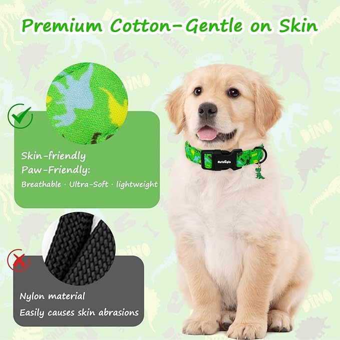 Dinosaur Dog Collar for Small Dogs, Adjustable Cotton Boy Dog Collars for Puppy Dogs, Adjustable & Comfortable Small Dog Collars for Daily Walks, Park Adventures or Photos-XS