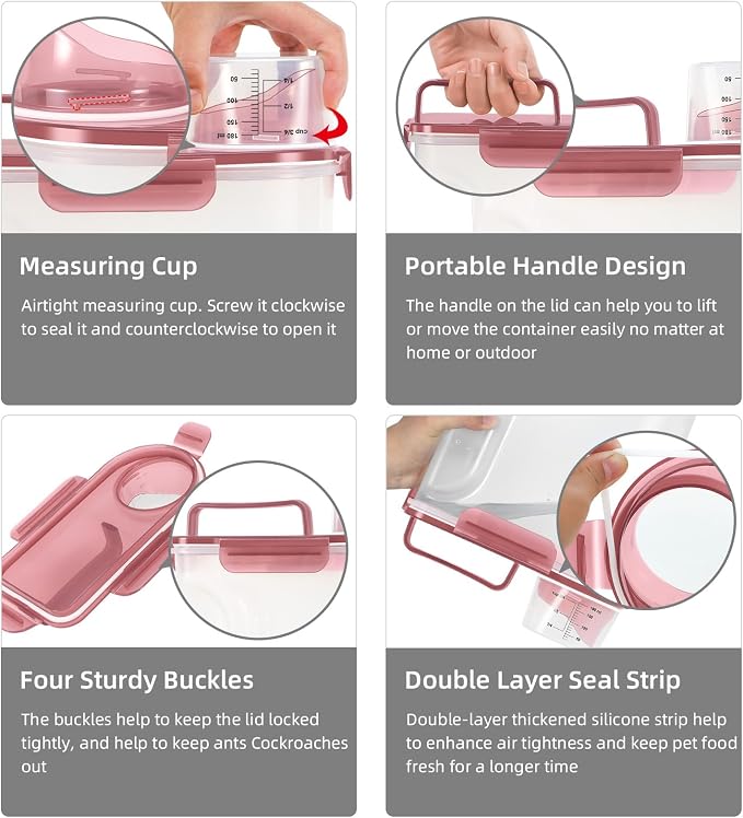 LEAWALK 5-7Lbs Dog Cat Food Storage Container with Upgraded Large Nozzle BPA-free, 4 Snap Seals Plastic Pet Food Storage Containers with Handles (Clear Pink, 5L-1pack)