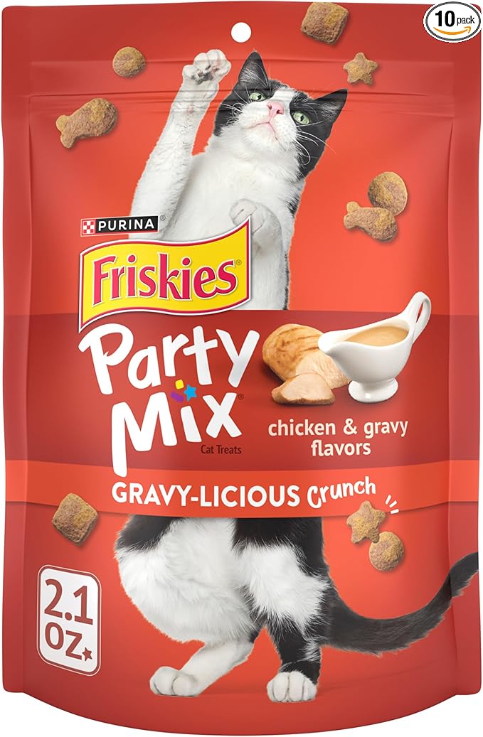 Purina Friskies Cat Treats, Party Mix Gravy-licious Crunch Chicken and Gravy Flavors - (Pack of 10) 2.1 oz. Pouches